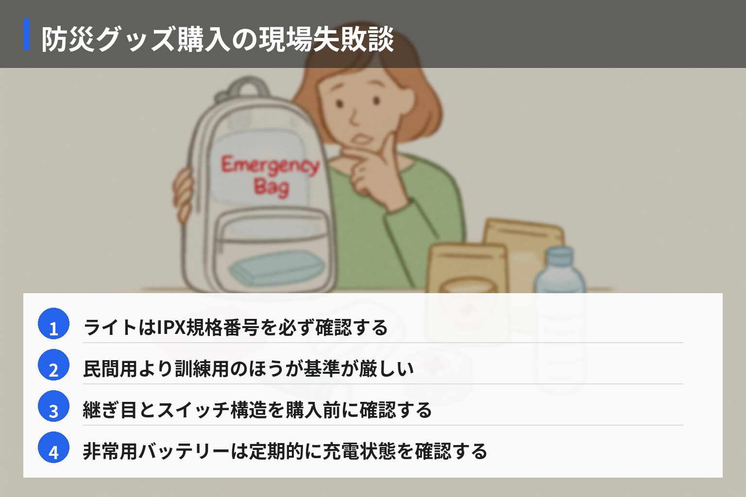 現場で体験した「防災グッズ購入の失敗」エピソードの図解・説明イラスト
