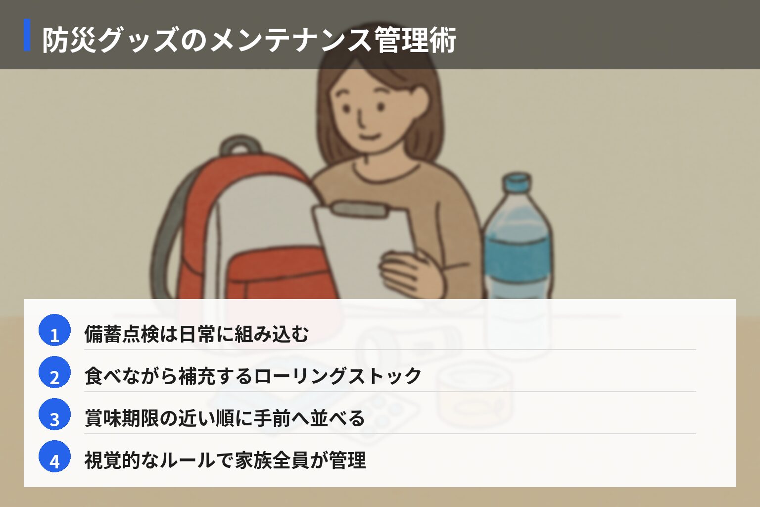 家庭でできる防災グッズメンテナンスの手順と管理ポイントの図解・説明イラスト
