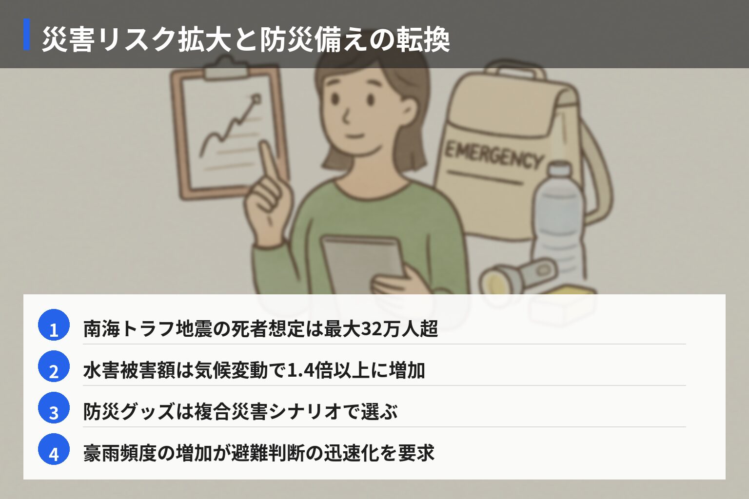 今後の災害リスクと防災グッズ選びの変化の図解・説明イラスト